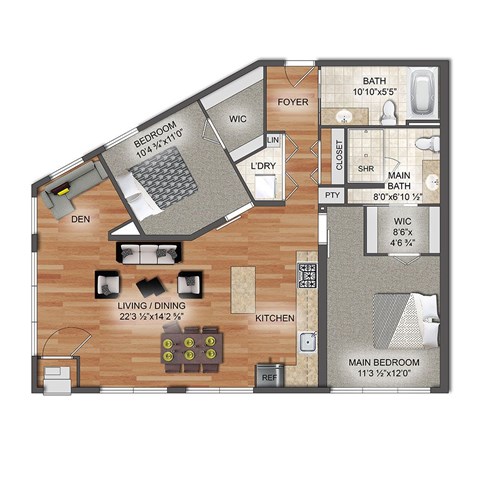 Floor plan for 2 beds, 2 baths, 1015 sqft